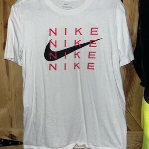Nike Men's White Tee with Red and Black Logo